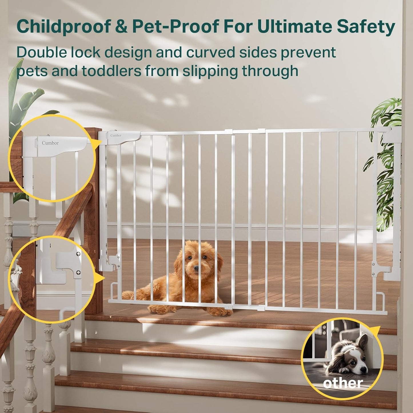 Cumbor 29.2–43" Baby Gate for Stairs, Hardware Mounted (Drill Required), Expandable No Bottom Bar Dog Gate, Auto Close Extra Wide Walk Thru, Pet & Toddler Proof Gate, Top & Bottom of Stairways(Black)