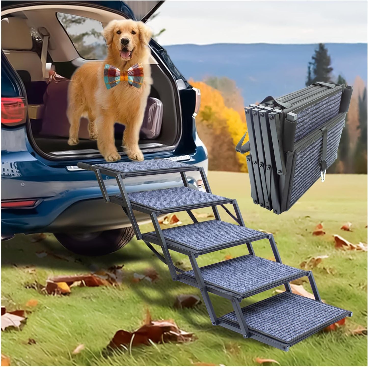 Dog Ramp for Car Truck and SUV Dog Stairs for Large Dogs Folding Pet Stairs with Non-Slip Rug Surface Supports Up to 250 lbs (5 Steps)