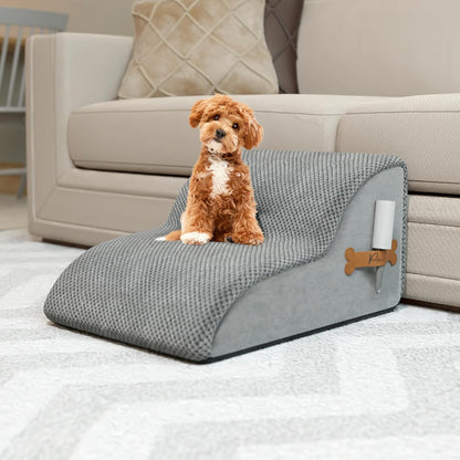 PAWZY Dog Stairs for Medium-Height Beds & Couches, 3-Step Foam Pet Steps 15.5” High for Small Dogs & Cats up to 60 lbs, Wide Non-Slip, Waterproof Washable Zipper Cover, No Assembly, Grey