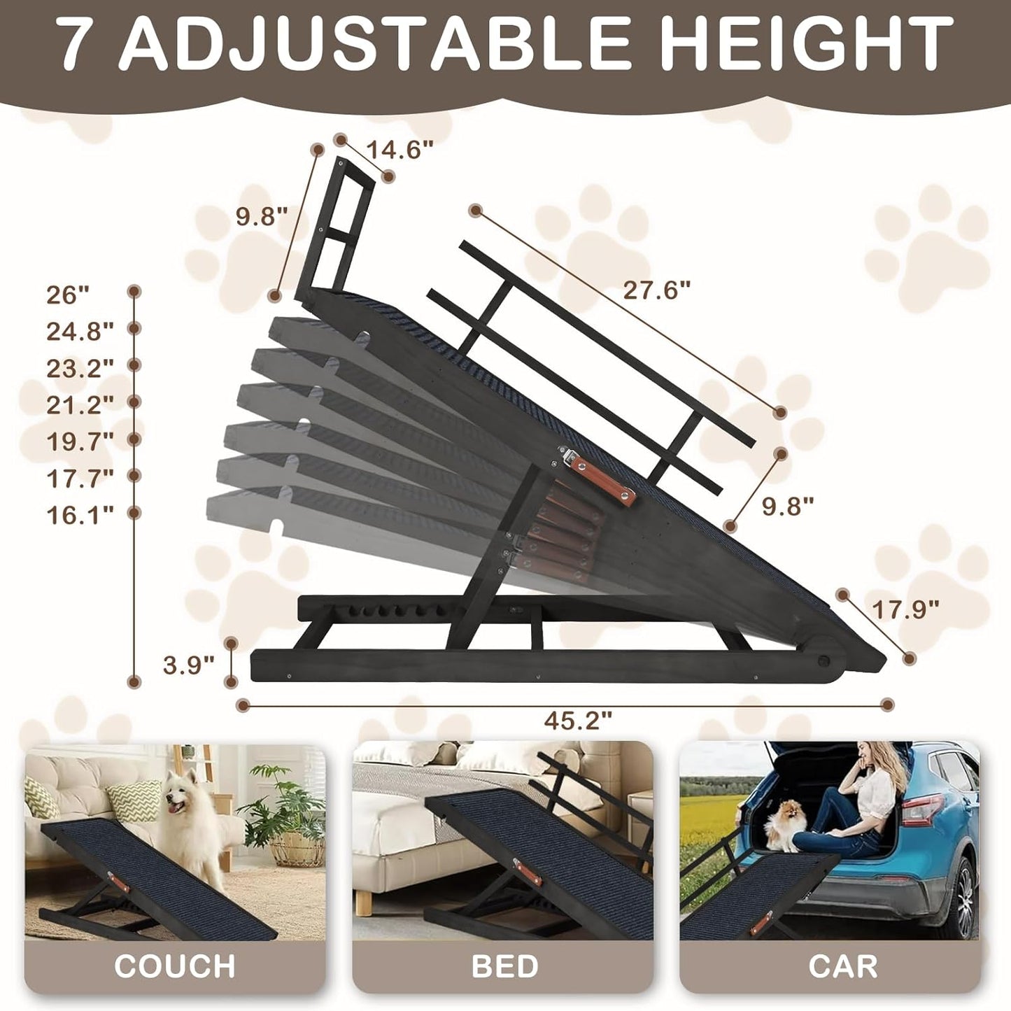 Dog Ramp for Beds, Cars, Couches, Dog Steps Anti-Slip Surface, Dogs Ramps for Old Small Pet,High Traction with Platform, 7 Adjustable Heights 16" to 27" Up, Portable Stairs Design for Dogs, 45.3" Long