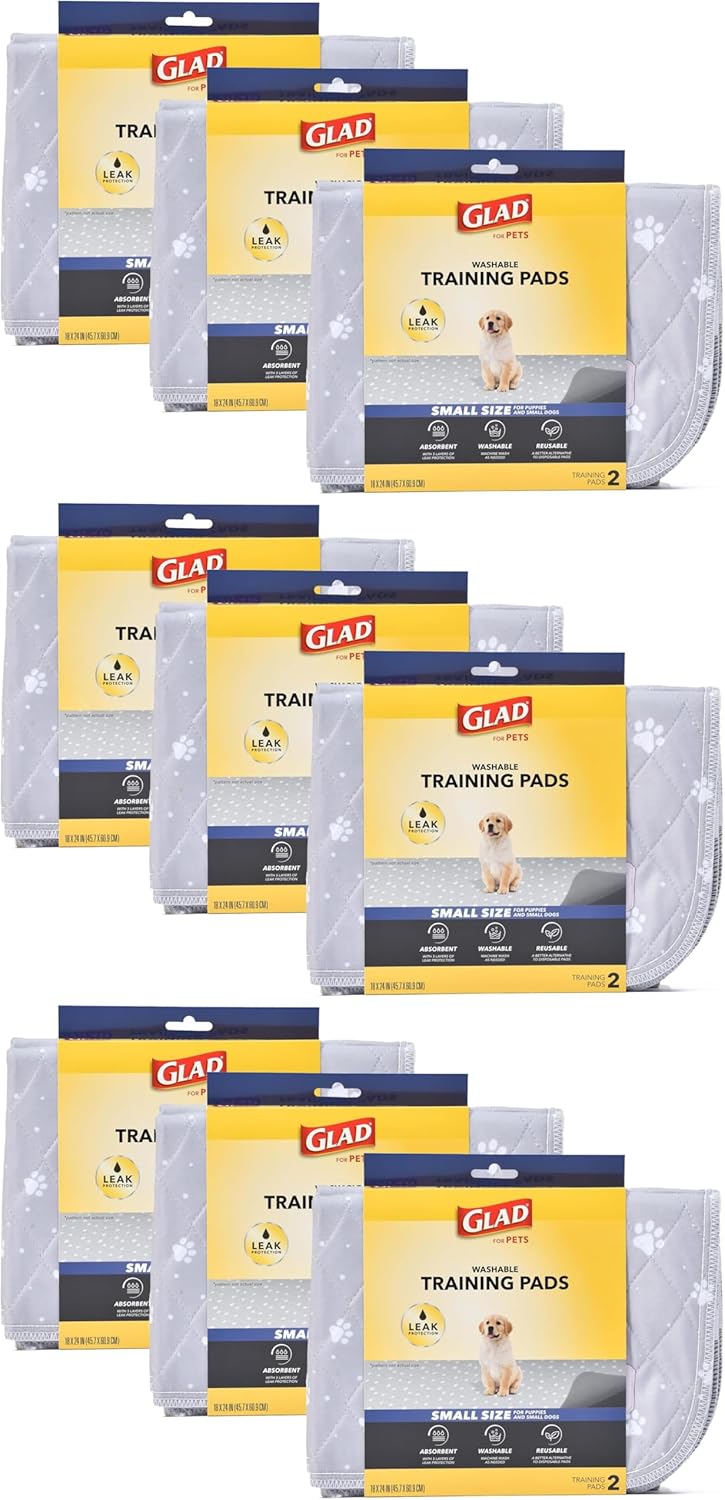 Glad for Pets Washable Dog Pee Pads, Medium, 24 x 36 Inch, 2 Count, Gray with Paw Prints, 3-Layer Leak Protection, No-Slip Vinyl Bottom, Reusable Puppy Training Pads