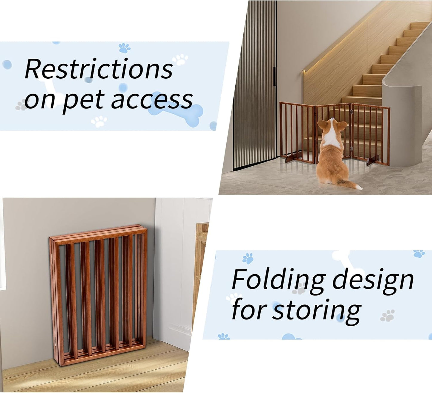 4 Panels Wooden Dogs Fence,Free Standing Pet Gate for Dog Cat,Wooden Indoor Foldable Dog Gate,Wide Pet Puppy Safety Fence,with Support Feet,for Hallways, Stairs, Doorways, Halls, Kitchen (Brown)