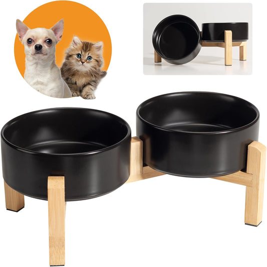 Elevated Ceramic Dog Bowl Set - Raised Dog Bowls with Non-Slip Bamboo Stand - Dog Food and Water Bowl Set - Double Dog Feeding Bowls - Suitable for Small and Medium Dogs - 28.74 OZ - 3.6 CUPS - 850 ML