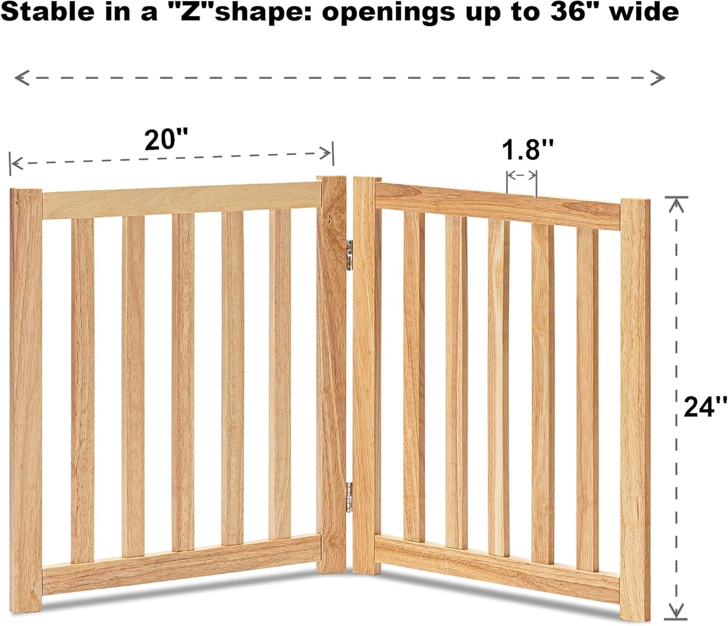 LZRS 2-Panel Wooden Free Standing Foldable Dog Gate Indoor – Solid Hardwood 24" High, Step-Over Safety Pet Gate for Doorways, Stairs & Small Spaces - Indoor Use, White