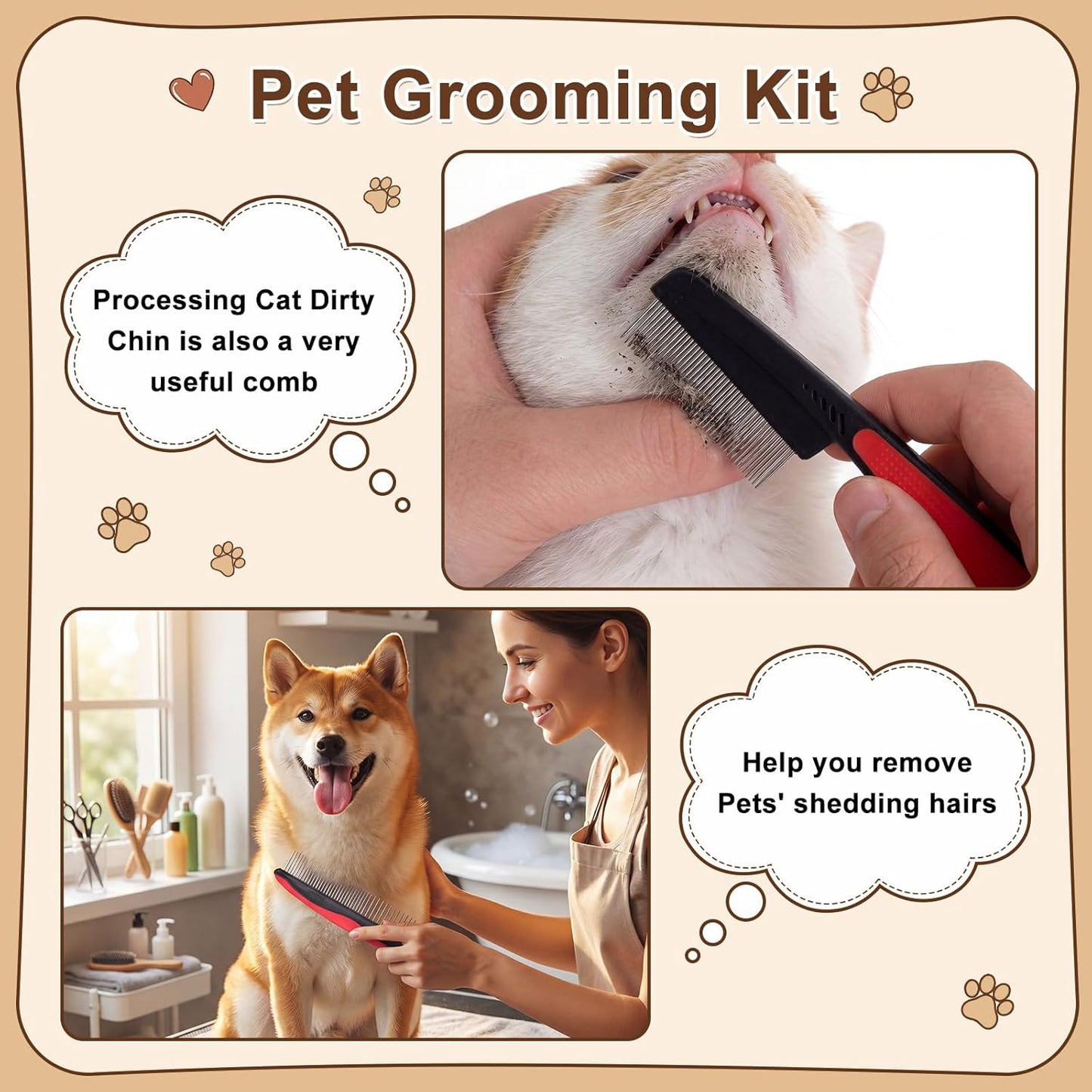 Zhehao 8 Pcs Pet Grooming Kit - Dematting Combs, Slicker Brush, Steel Comb Deshedding Brush, Flea Comb, Undercoat Rake for Detangling Long Matted Fur Hair from Dogs, Cats, Poodles, Anti-slip Handle