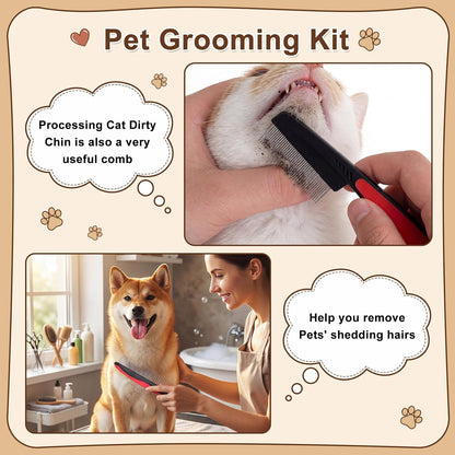 Zhehao 8 Pcs Pet Grooming Kit - Dematting Combs, Slicker Brush, Steel Comb Deshedding Brush, Flea Comb, Undercoat Rake for Detangling Long Matted Fur Hair from Dogs, Cats, Poodles, Anti-slip Handle