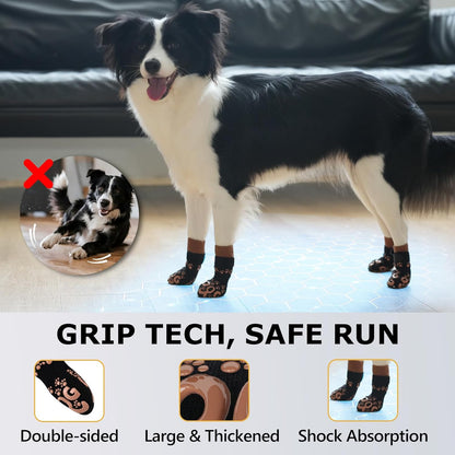 Anti Slip Dog Socks to Prevent Licking Paws - Double Side Paw Covers Dogs Grip Sock for Hardwood Floors, No Twist Dog Booties Grippy Socks for Small Medium Large Senior Dogs, Light Grey and Black, L