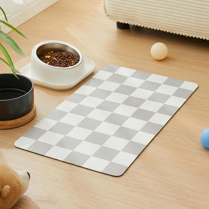 Checkered Dog Feeding Mat, Absorbent Mats for Dog Food and Water Bowl, Dispenser, Retro Aesthetic Khaki Beige Checkerboard Pet Placemat for Dogs, Cats, Puppy Accessories, 12" X 19”