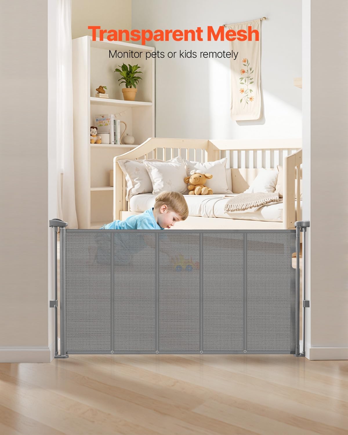 VEVOR Retractable Baby Gate, 34 inch Tall, Extends up to 110 inch Wide, Retractable Gate for Kids or Pets, Mesh Material, Easy to Install for Indoor Stairs, Doorways, Hallways, Playrooms, Gray