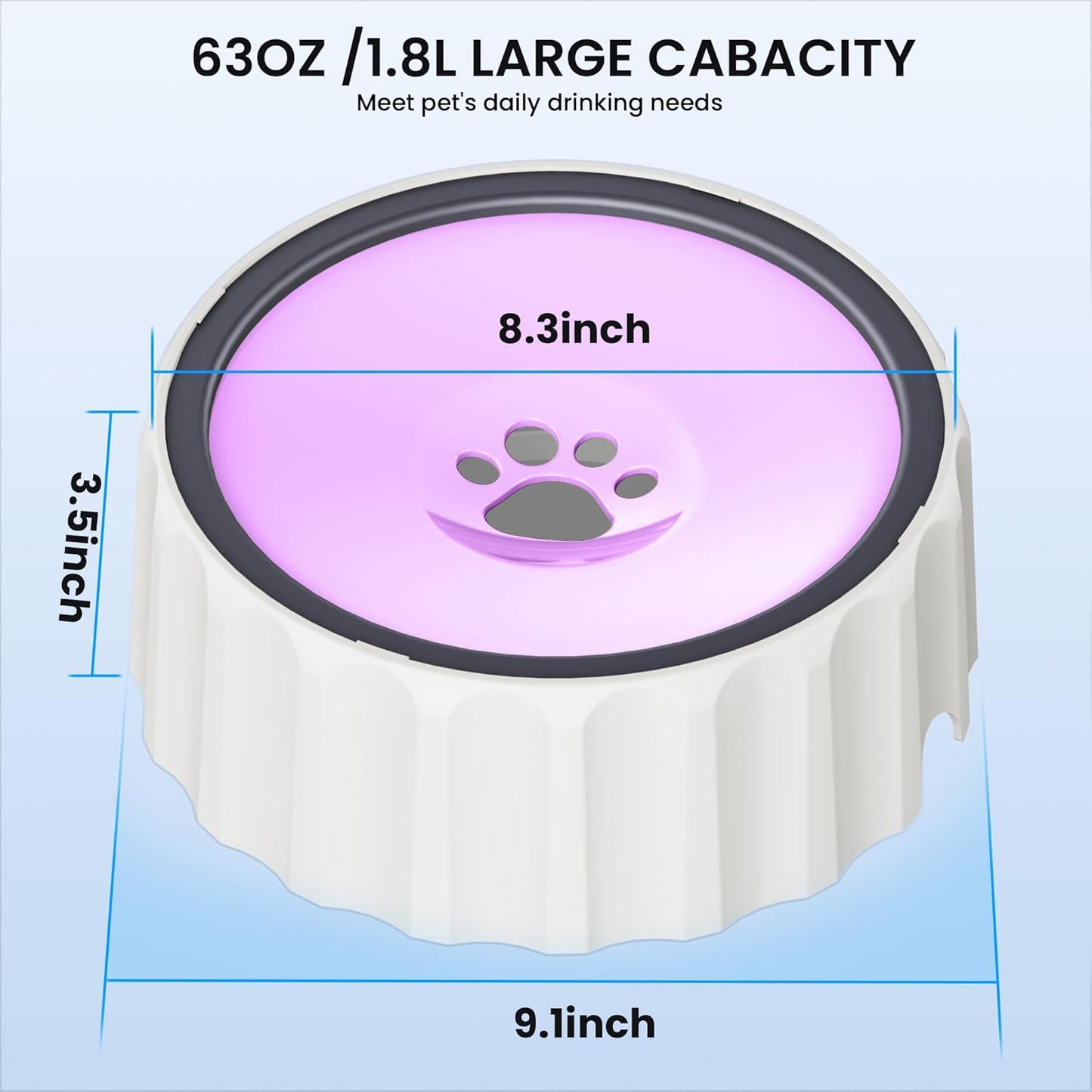Dog Water Bowl No Spill 70oz/2L Large Capacity Dispenser Non Slip No Splash Bowl Pet Slow Feeder No Drip Dog Water Bowl on Vehicle Slow Water Bowl for Dogs and Cats
