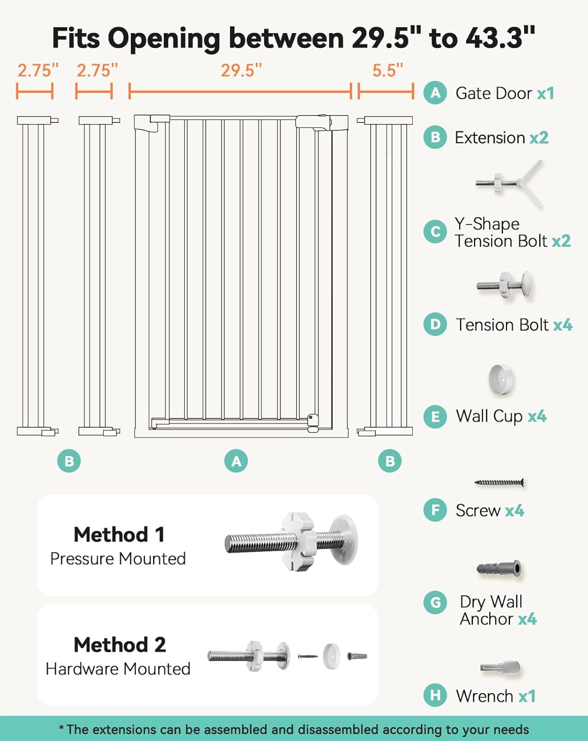 COMOMY 42" Extra Tall Baby Gate for Stairs Doorways, Fits Openings 29.5" to 40.6" Wide, Auto Close Sturdy Safety Dog Gate for House, Pressure Mounted Easy Walk Through Pet Gate with Door, White