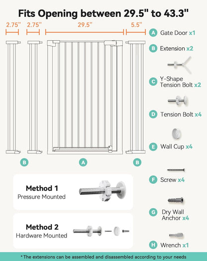 COMOMY 42" Extra Tall Baby Gate for Stairs Doorways, Fits Openings 29.5" to 40.6" Wide, Auto Close Sturdy Safety Dog Gate for House, Pressure Mounted Easy Walk Through Pet Gate with Door, White
