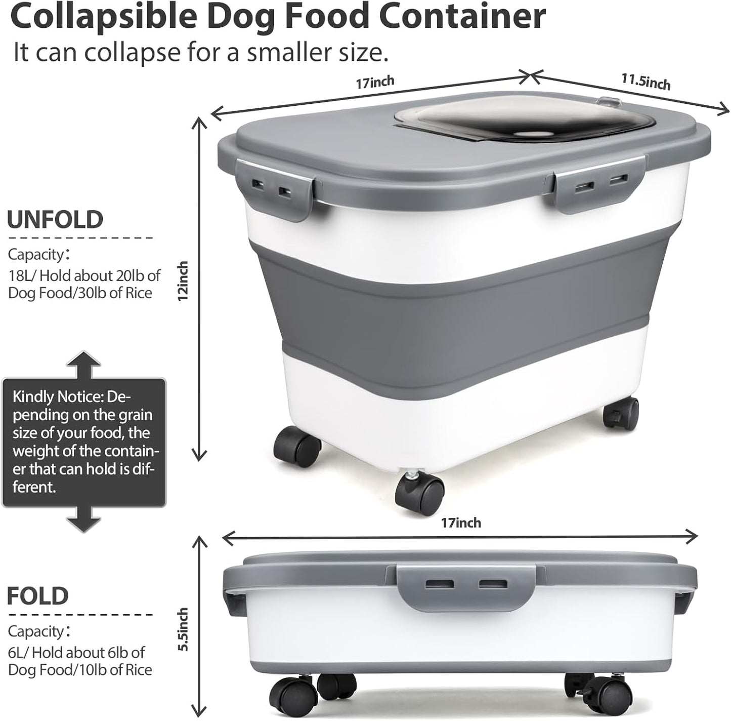 Viretec Dog Food Storage Container, 10-20Lbs Collapsible Pet Food Storage Containers with Rolling Wheel Airtight Locking Lid, Dry Food Storage Bin with Cup and Scoop,Suitable for Pet Food, Rice, Flour