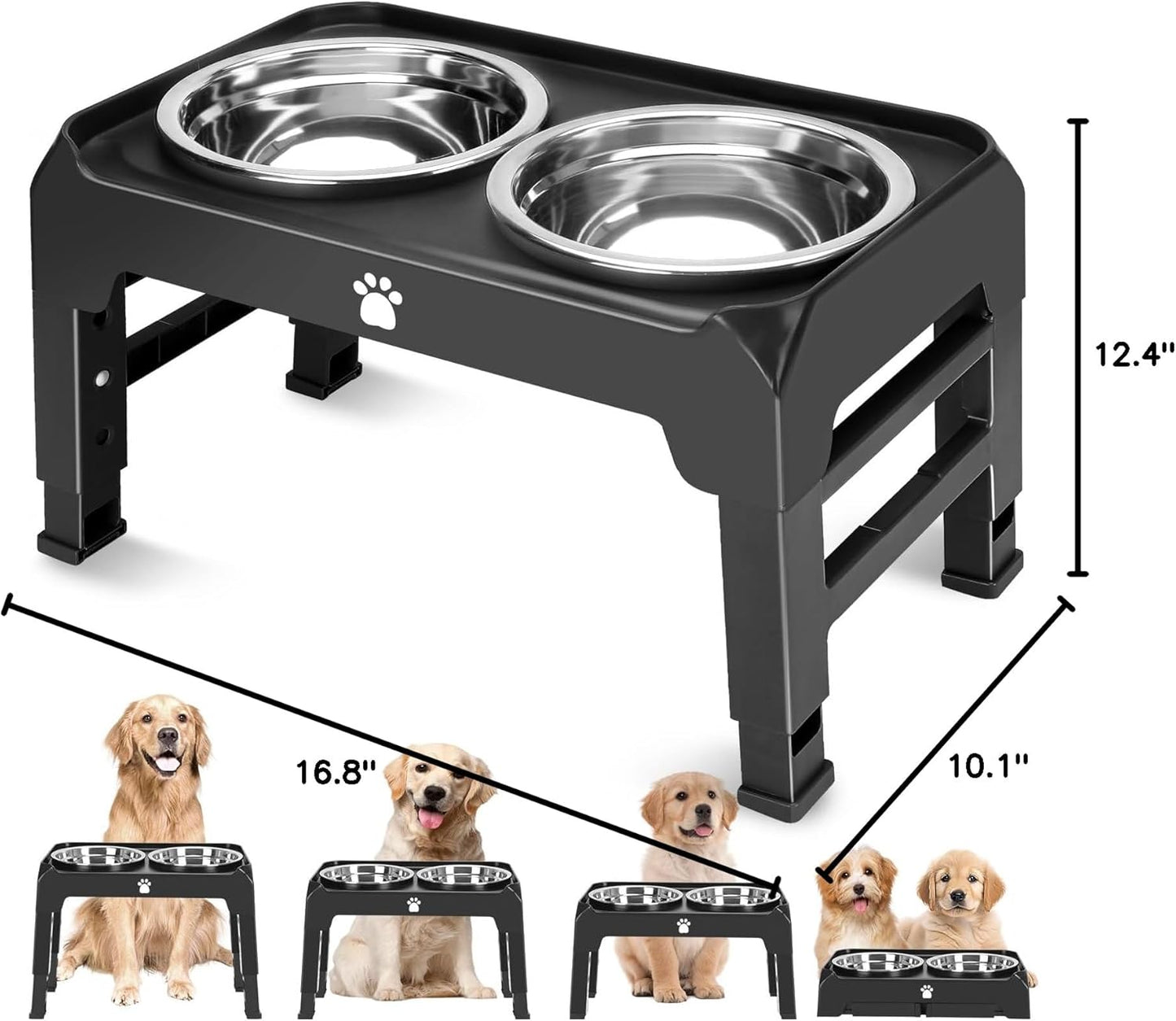 Elevated Raised Dog Bowl Stand with 2 Stainless Steel Bowls, Adjustable Height for Medium Large Dogs, 12.36" - 3.7" Foldable Feeder, Grey