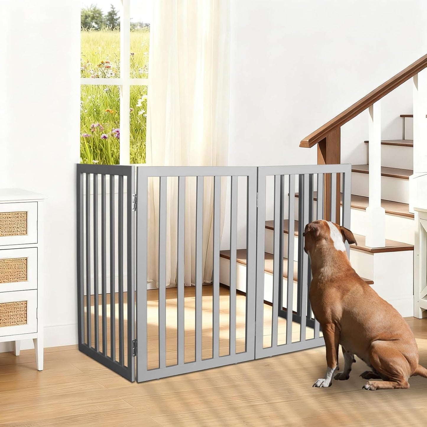 ZJSF Freestanding Indoor Dog Gate for House Foldable Wood Brown Puppy Gate for Doorways Pet Gate for Stairs Extra Wide Pet Fence 24" Height 2 Panels