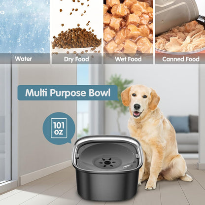 UPSKY 3L Dog Water Bowl 101oz Stainless Steel No Spill Large Capacity Dog Food Water Bowl Slow Water Feeder, Spill Proof Pet Water Dispenser Vehicle Carried Travel Water Bowl