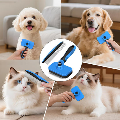 2PCS Self Cleaning Slicker Brush & Dog Comb - Skin Friendly Deshedding Grooming Tool for Dogs, Cats and Small Animals, Professional Deshedding Dematting Tool for Long and Short Haired Pets (Pink)