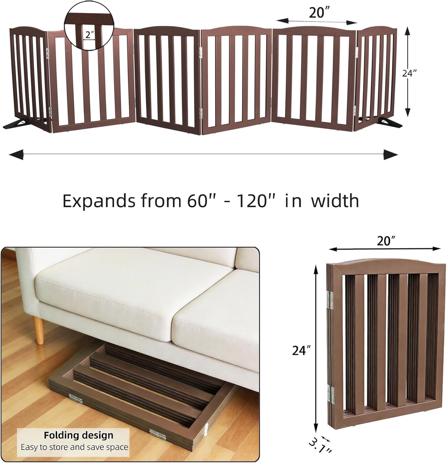Freestanding Dog Gate Indoor,Doggie Gate Foldable Dog Gates for Doorways,Stairs or Hallways, Wooden White Pet Gate for the House, Pet Fence with Support Feet Included,24 "Height-4 Panels