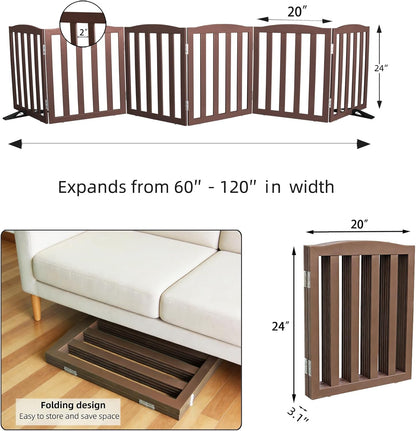 Freestanding Dog Gate Indoor,Doggie Gate Foldable Pet Gates for Doorways,Stairs or Hallways, Wooden Brown Pet Gate for the House, Pet Fence with Support Feet Included,24 "Height-3 Panels