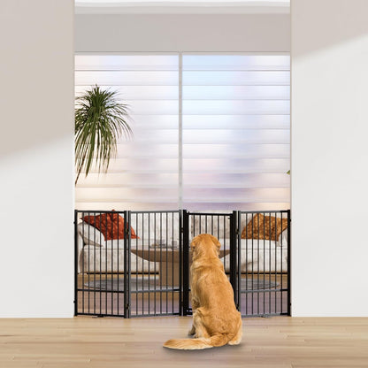 SNUOWU Full Metal Freestanding Dog Gate with Door, 32''Height Foldable Pet Dog Fence for Indoor & Outdoor, 4 Panels Extra Wide Free Standing TallDog Gates for Doorways,House,Stairs,Porch,Deck,Yard