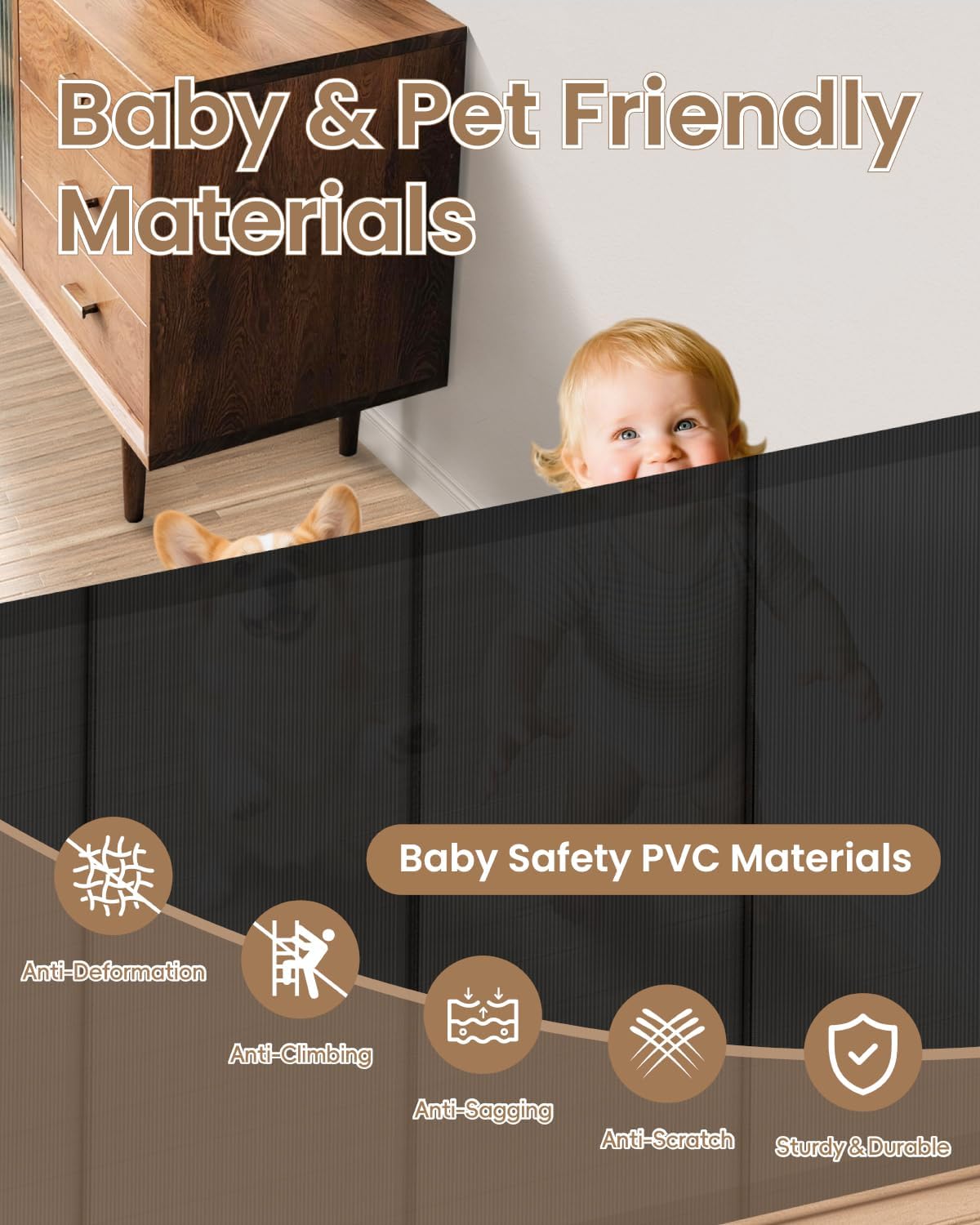 Retractable Baby Gate, 55" Wide Mesh Gate with 4 Reinforced Rods, Prevents Kids & Dogs from Crawling Under, 34" Tall Easy-to-Use Pet Gate for Stairs, Bedrooms, Hallways, Indoor/Outdoor, White