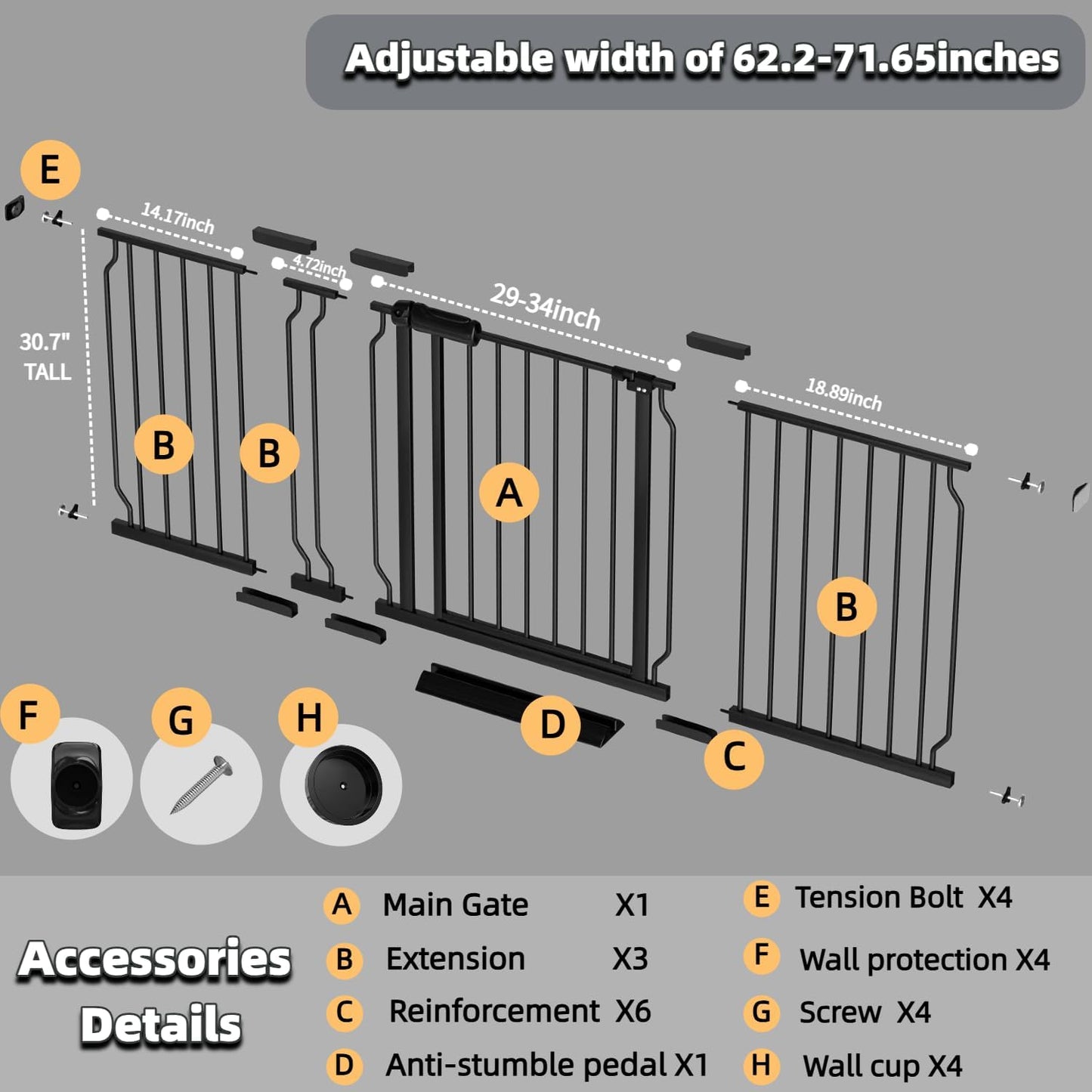 Extra Wide Baby Gate with Door, 52.76~62.2 Inch Wide Presure Mounted No Drill Metal Auto Close Child Gate for Stair Doorway - Indoor Outdoor Safty Gate for Toddler Dog Doggie, Black