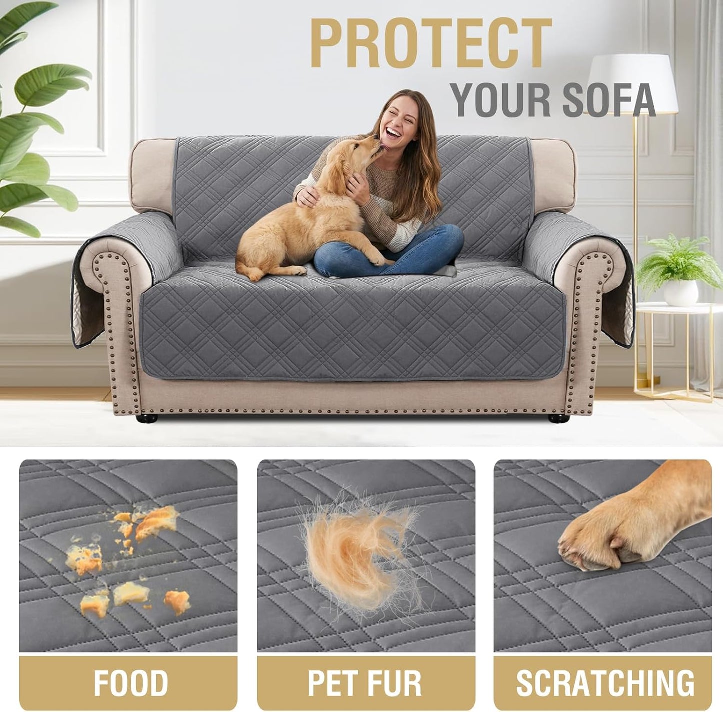 H.VERSAILTEX 100% Waterproof Slipcovers for Couches and Sofas Modern Pet Couch Cover Thick Soft Furniture Protector with Elastic Straps(Sofa, Lily Pad/Beige)