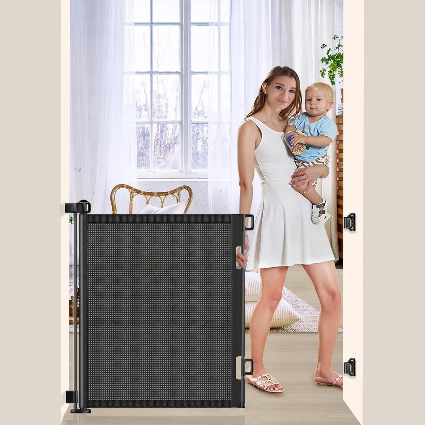 Upgrade 120 inch Retractable Baby Gates, EZIGO Extra Wide Baby Gate for Large Opening Extra Long Mesh Gate for Kids or Pet Dog Gate Child Safety Gate for Stairs Hallways Doorway Indoor Outdoor, Gray