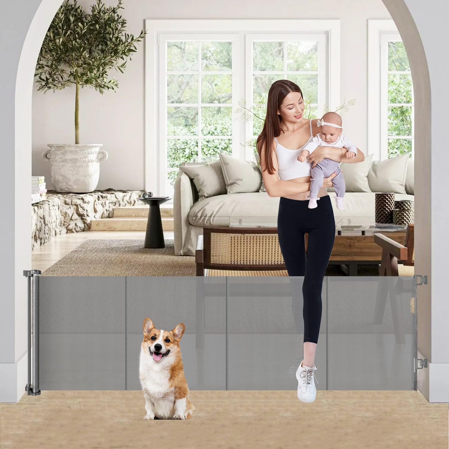 24" Tall X 120" Extra Wide Retractable Baby Gates, Short Dog Gates to Step Over, Reinforced Long Mesh Pet Gate with Support Rods, Small Puppy Gates for The House, Grey