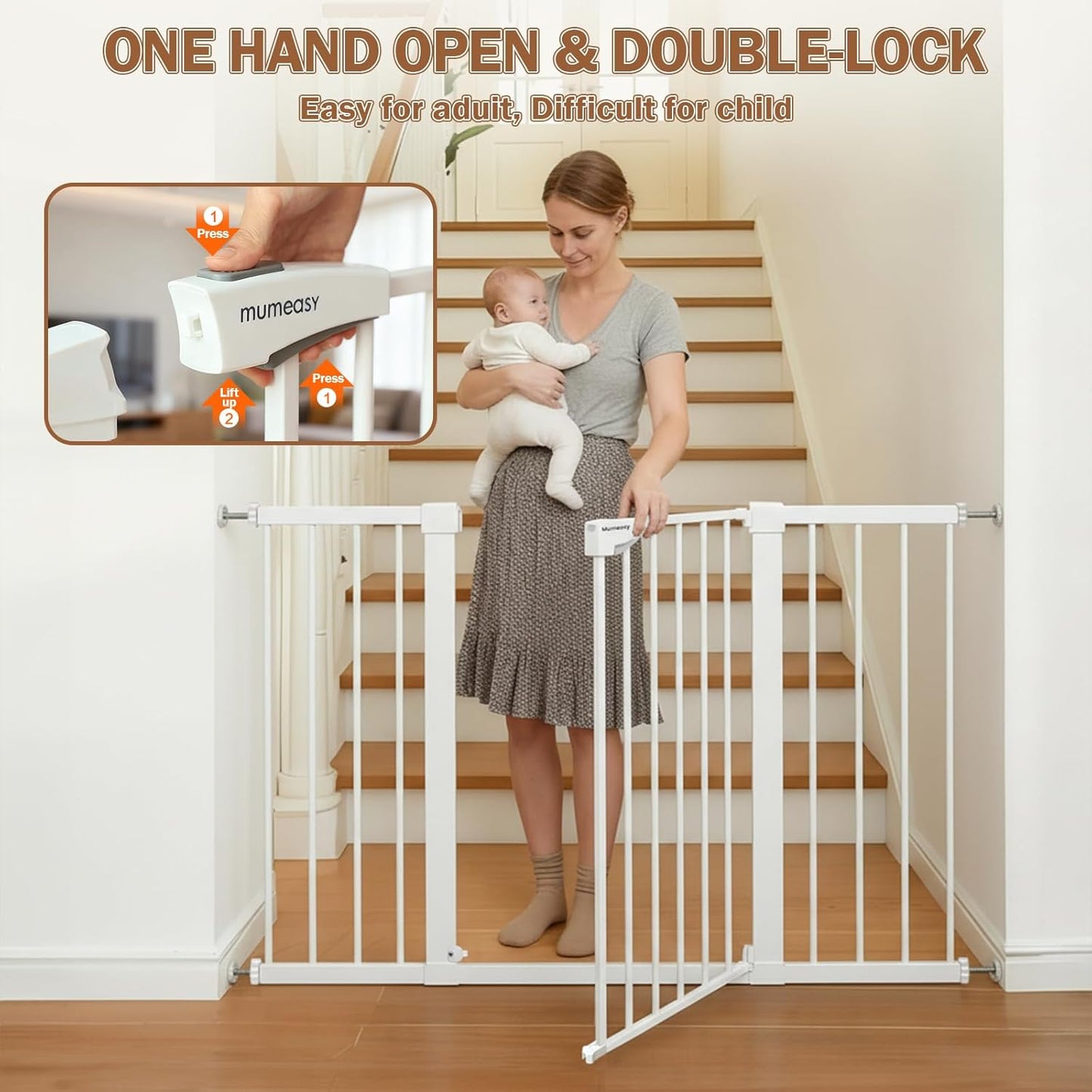 Mumeasy Baby Gate Extra Wide, 29.7-51'' Pressure Mounted Dog Gate with Walk Thru Door, Auto Close Pet Gate for House, Stairs, Doorways,Black