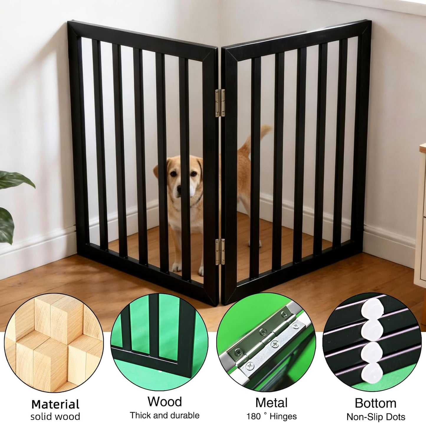 Dog Gate Indoor, Freestanding Dog Fence for The House, Doorways, Hallways,or Stairs,Pet Gate Foldable Wooden,Expandable 24" Height 3 Panels,White