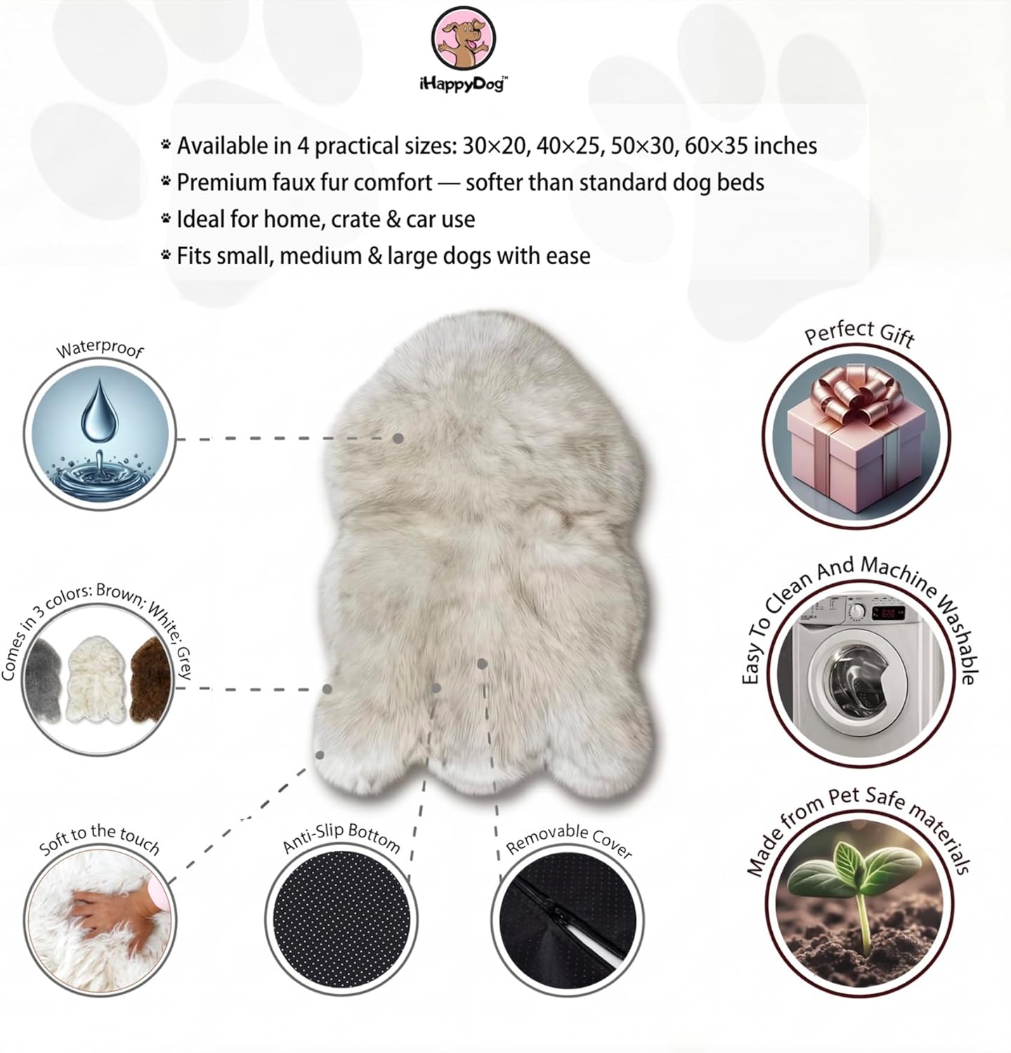 IHAPPYDOG Luxury Faux Fur Orthopedic Dog Bed, Memory Foam Dog Bed for Small, Medium, Large and XL Pets, Fluffy Pet Bed with Waterproof and Washable Cover (White w/Brown Tips, 50"x30")