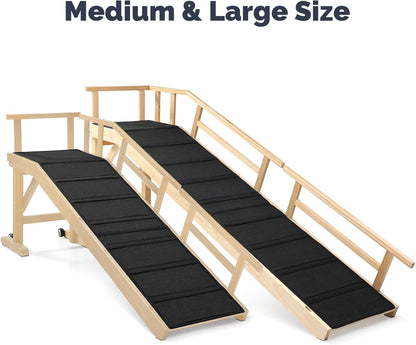 Dog Ramp for Bed or Couch, Wooden Pet Ramp with 20° Gentle Slope, Removable Side Rails, Non-Slip Surface, Top Platform & Wheels, Safe Bed Ramp for Small, Large & Senior Dogs, 60" Long, Mahogany