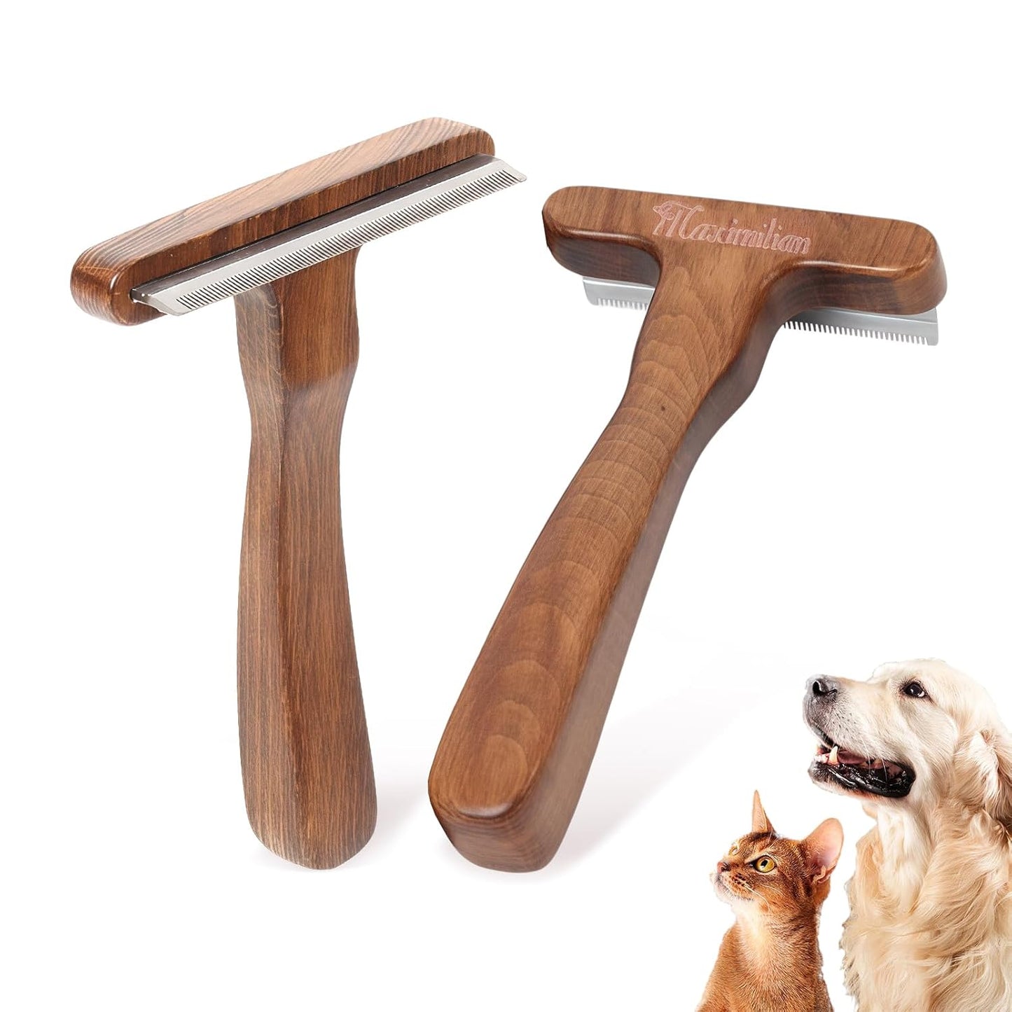MaximiLian Medium Pet Deshedding Brush with Solid Wood Handle Deshedding Dog Brush for Shedding Undercoat Rake Pet Grooming Tool for Dogs and Cats Remove Loose Hair Mats Knots Tangles