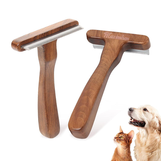 MaximiLian Medium Pet Deshedding Brush with Solid Wood Handle Deshedding Dog Brush for Shedding Undercoat Rake Pet Grooming Tool for Dogs and Cats Remove Loose Hair Mats Knots Tangles
