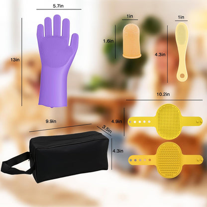 7PCS Dog Washing Gloves | Dog Bath Brush | Storage Bag | Dog Finger Toothbrush for Short & Long Haired Dogs & Cats | Efficient Deshedding Bathing & Massaging, Suitable for Pets (Sage Green)