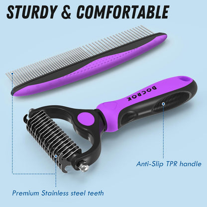 Docrok Pet Grooming Combo - Blue Deshedding Brush with Metal Comb for Detangling and Dematting Long, Matted Fur on Cats and Dogs
