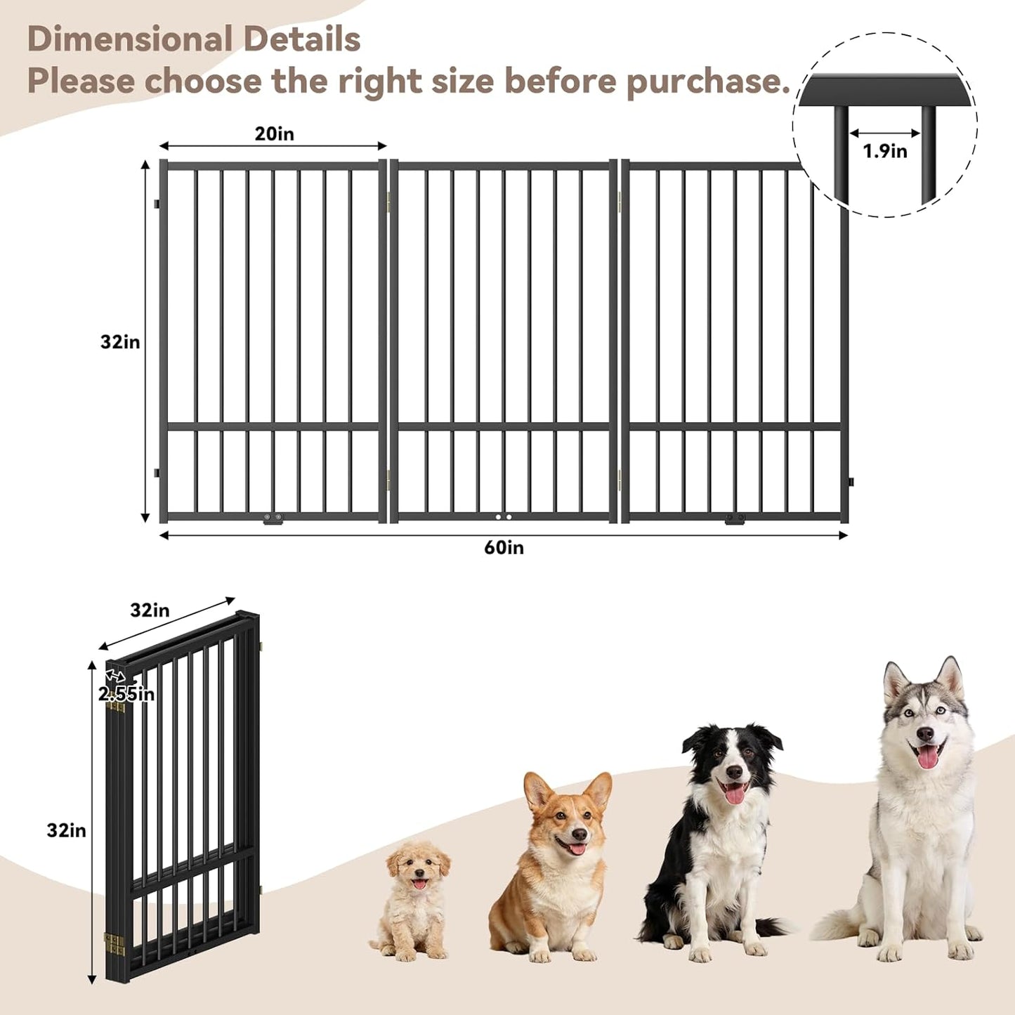 SNUOWU Full Metal Freestanding Dog Gate with Door, 32''Height Foldable Pet Dog Fence for Indoor & Outdoor, 4 Panels Extra Wide Free Standing TallDog Gates for Doorways,House,Stairs,Porch,Deck,Yard