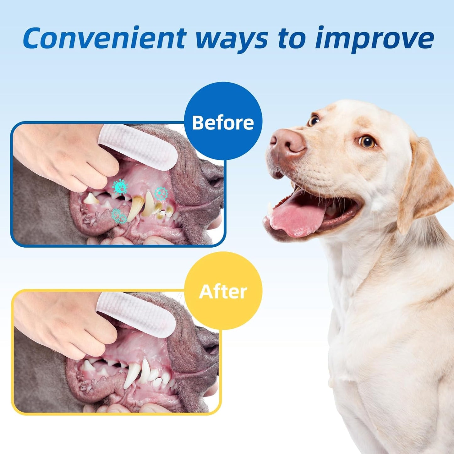 Dog Dental Wipes for Teeth Cleaning - Dog Tooth Wipes & Finger Toothbrush for Dogs, Waterless Formula Helps Fight Plaque and Tartar, Freshens Breath, Easy No-Rinse Oral Care (60 Count)