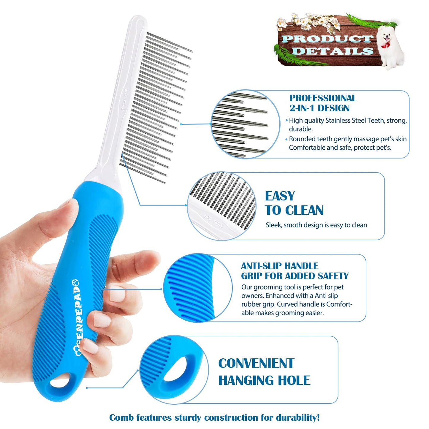 GENPEPADO Grooming Comb for Dogs and Cats with Matted Hair, Detangling Pet Comb with Long and Short Stainless Steel Metal Fine Teeth for Removing Mats, Tangles, Knots & Loose Fur from The Undercoat