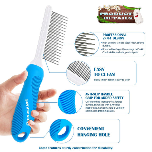 GENPEPADO Grooming Comb for Dogs and Cats with Matted Hair, Detangling Pet Comb with Long and Short Stainless Steel Metal Fine Teeth for Removing Mats, Tangles, Knots & Loose Fur from The Undercoat