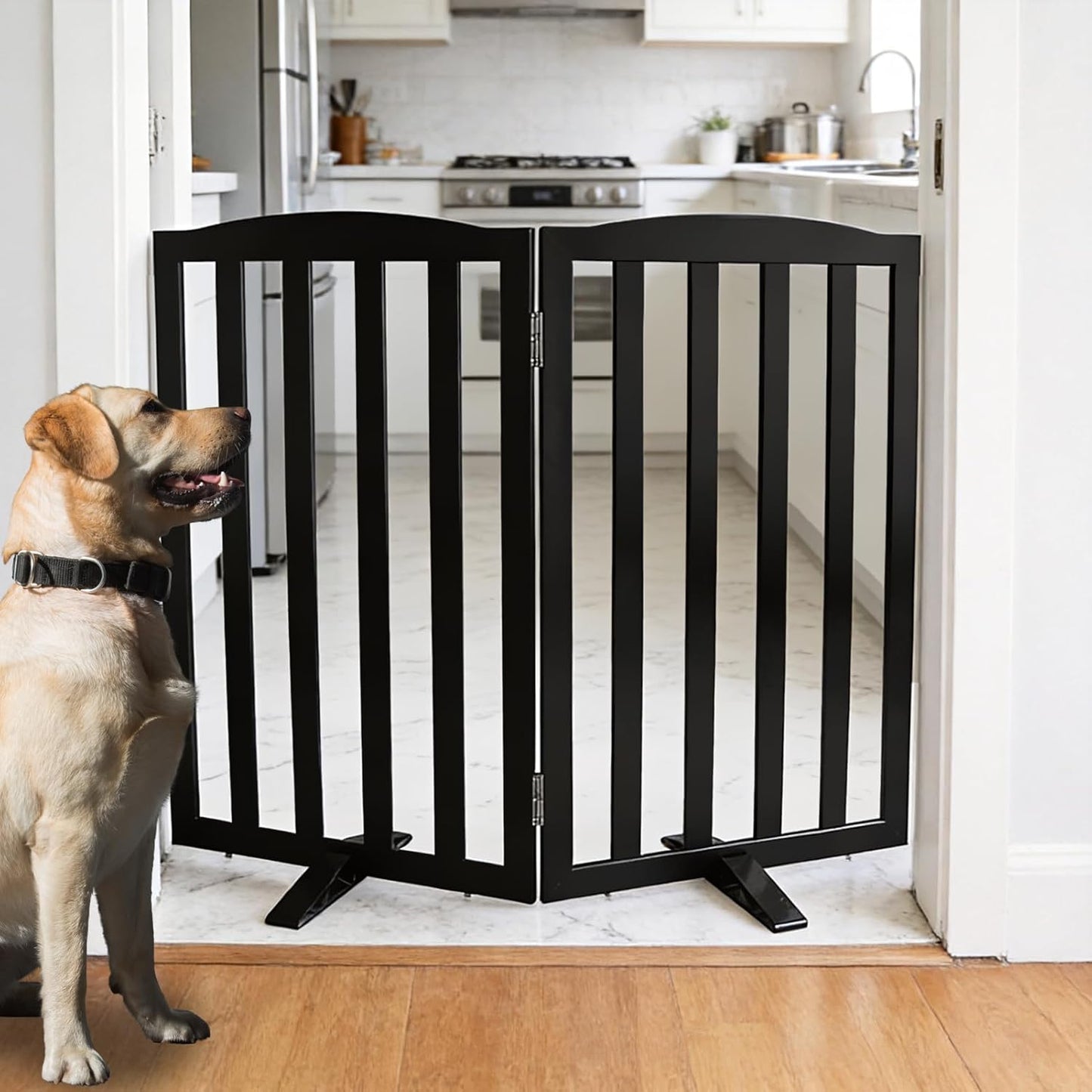 Freestanding Dog Gate Indoor,Doggie Gate Foldable Dog Gates for Doorways,Stairs or Hallways, Wooden White Pet Gate for the House, Pet Fence with Support Feet Included,24 "Height-4 Panels