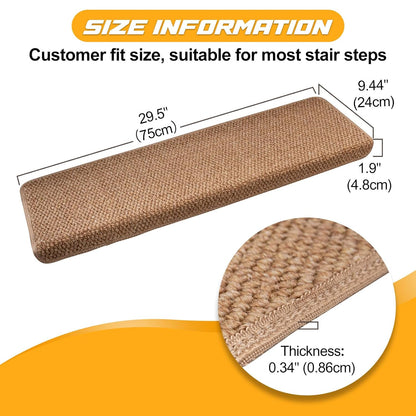 Bullnose Carpet Faux Sisal Stair Treads | Set of 14 | Stair Treads for Wooden Steps Indoor Anti Slip Braided Staircase Protector Pet Friendly Rugs Covers 9.44" X 29.5"x 1.9",Golden