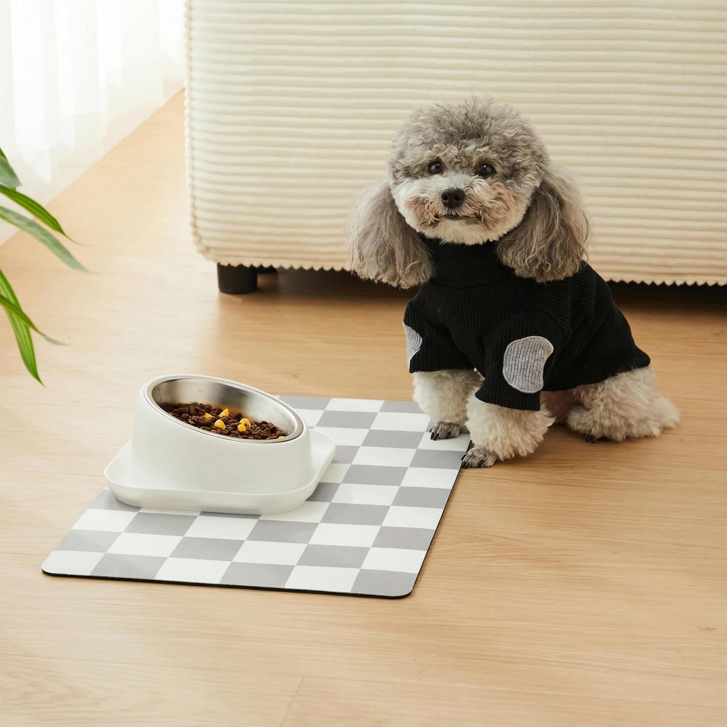 Checkered Dog Feeding Mat, Absorbent Mats for Dog Food and Water Bowl, Dispenser, Retro Aesthetic Khaki Beige Checkerboard Pet Placemat for Dogs, Cats, Puppy Accessories, 12" X 19”