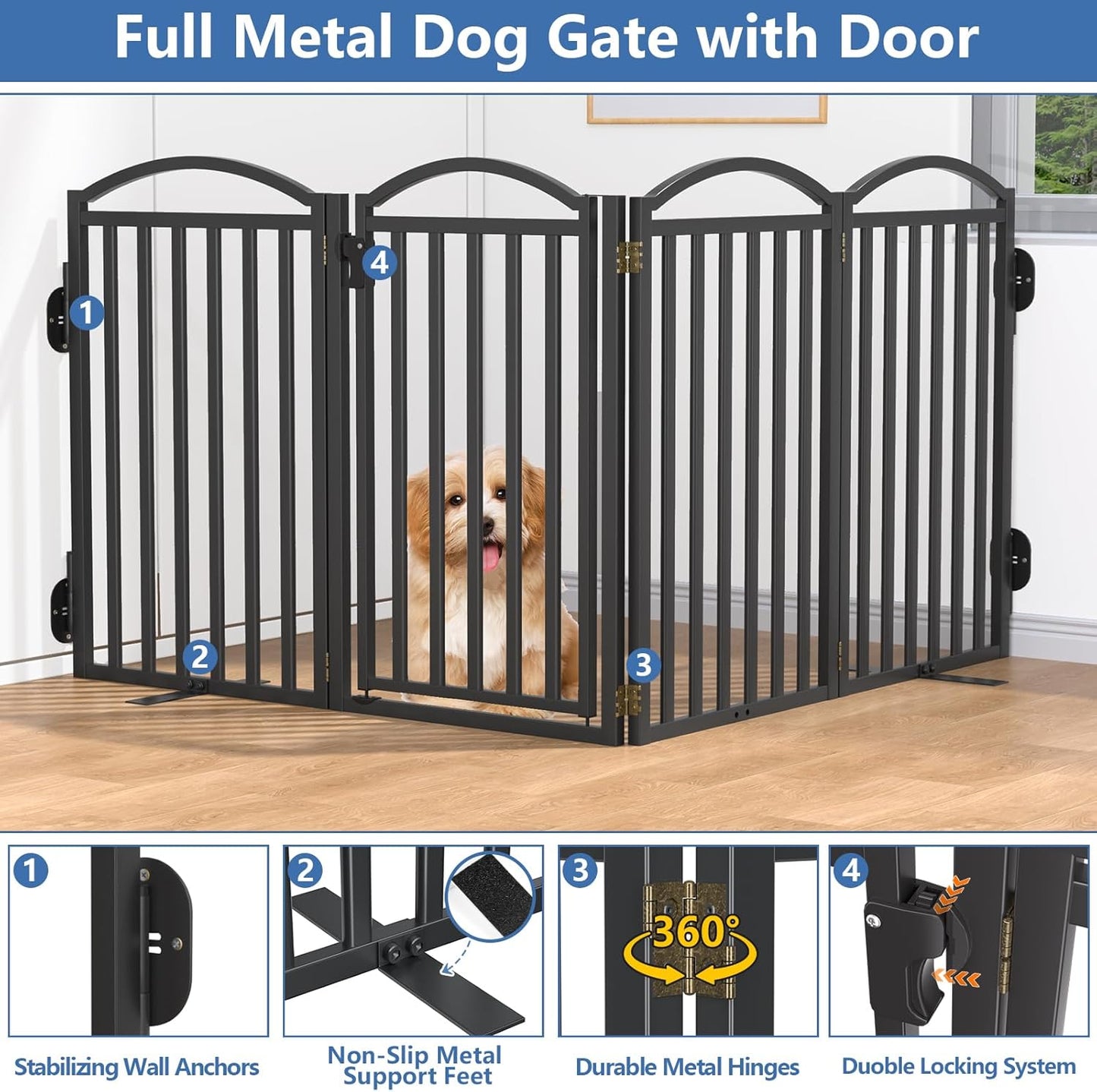 Malier Metal Freestanding Dog Gate, 32'' Height Outdoor Indoor Dog Fences, Extra Wide Foldable Puppy Gate for Stairs (Black, 【2 Panels】 40''W × 32''H)
