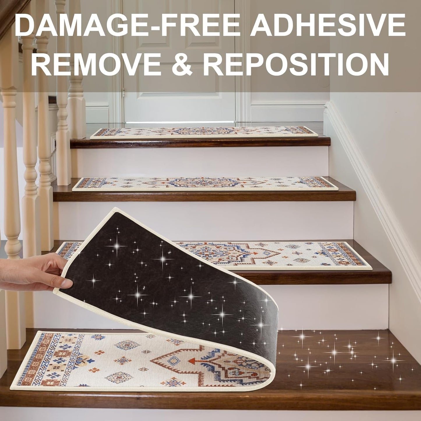 Non Slip Stair Treads for Wooden Steps Indoor, Dark Grey, 15pcs, 30"X8", Soft Carpet Mat, Machine Washable Boho Carpet Treads with Reusable Adhesive Backing, Safety Stair Tread for Dogs, Kids, Elders