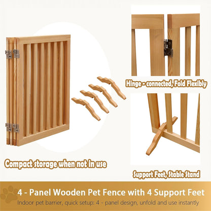 Wooden Foldable Dog Gate Freestanding 4 Panels Puppy Safety Fence 80.9" W x 23.6" H Indoor Pet Barrier for Stairs Hallways Doorways Brown