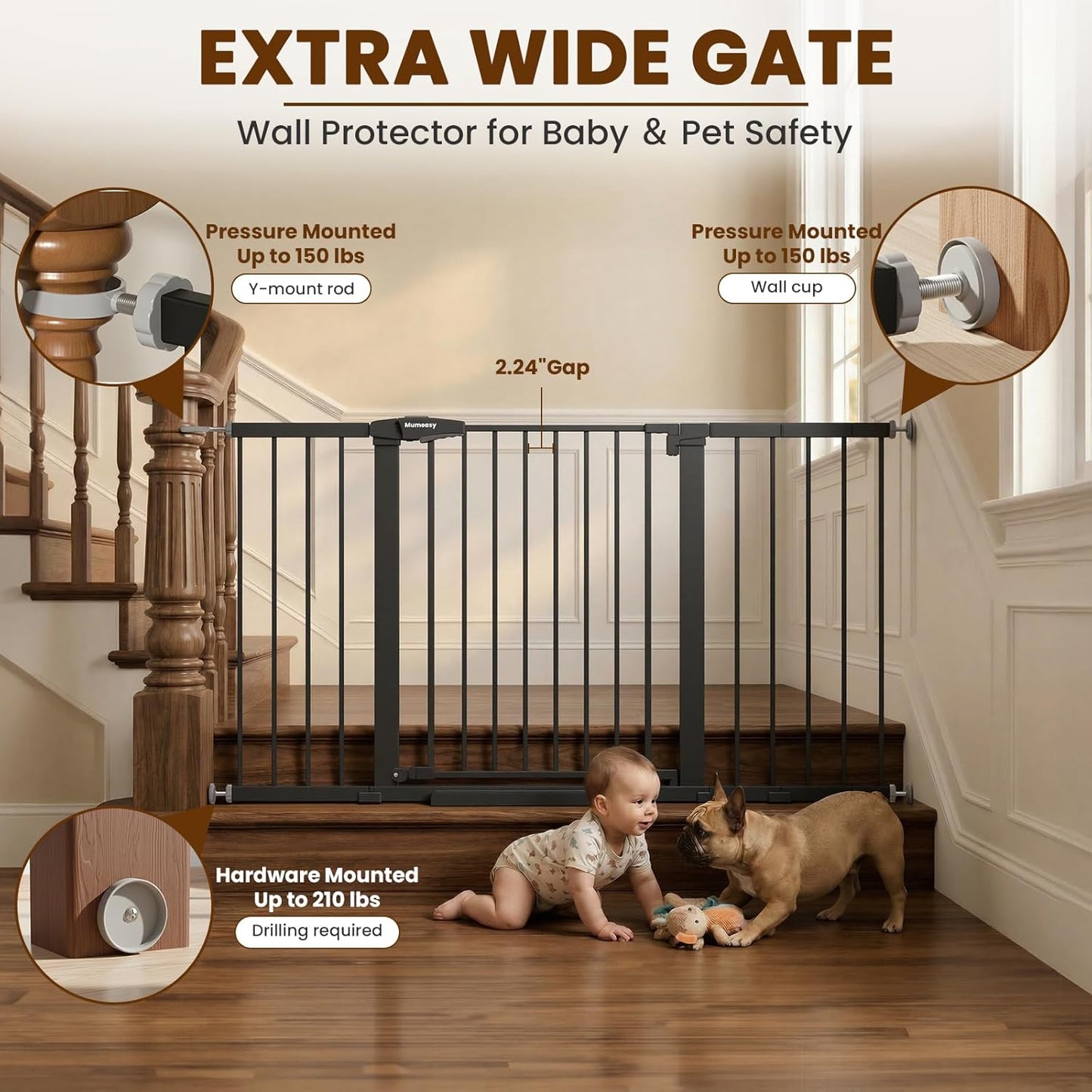 Mumeasy Baby Gate Extra Wide, 29.7-51'' Pressure Mounted Dog Gate with Walk Thru Door, Auto Close Pet Gate for House, Stairs, Doorways,Black