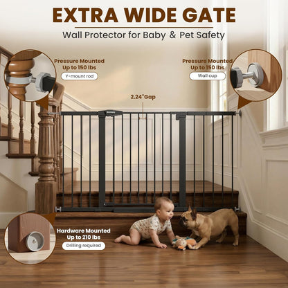 Mumeasy Baby Gate Extra Wide, 29.7-51'' Pressure Mounted Dog Gate with Walk Thru Door, Auto Close Pet Gate for House, Stairs, Doorways,Black