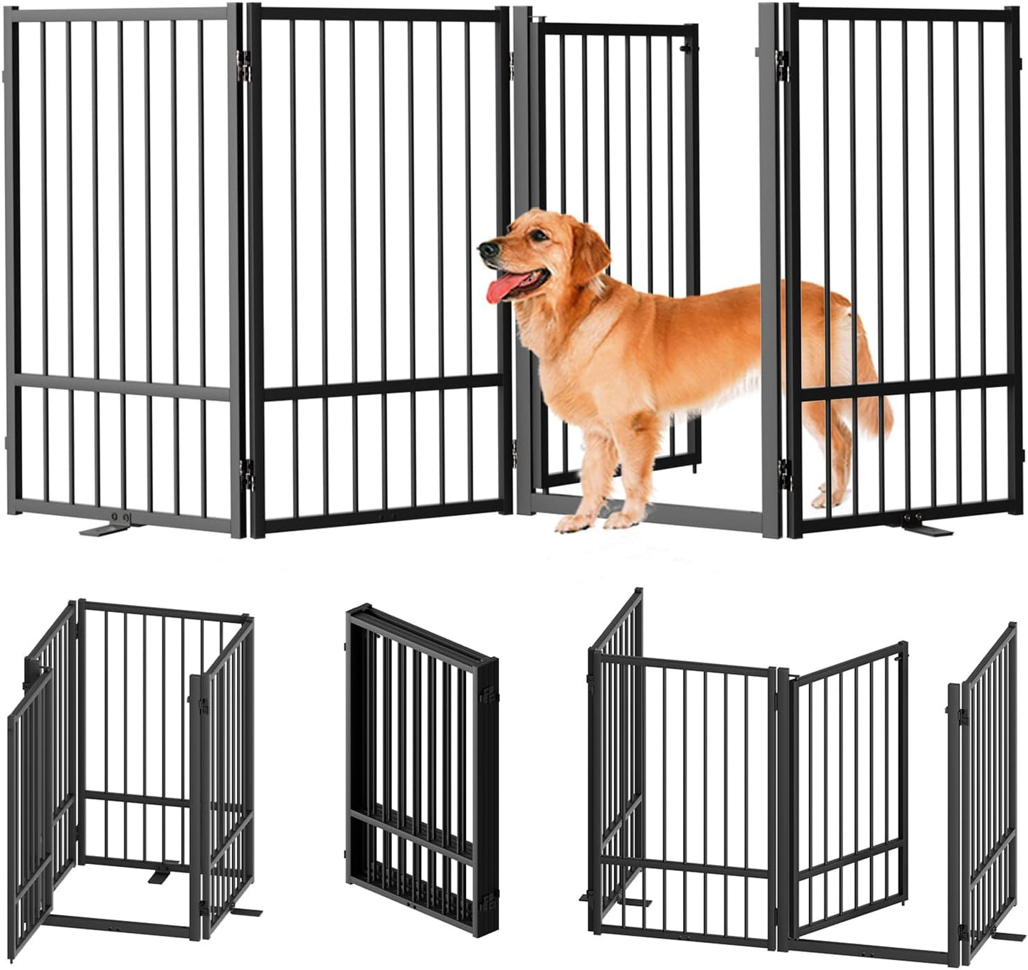 SNUOWU Full Metal Freestanding Dog Gate with Door, 32''Height Foldable Pet Dog Fence for Indoor & Outdoor, 4 Panels Extra Wide Free Standing TallDog Gates for Doorways,House,Stairs,Porch,Deck,Yard